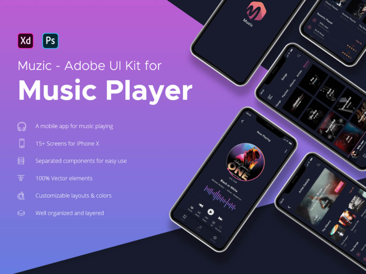 Music Player App for Adobe XD